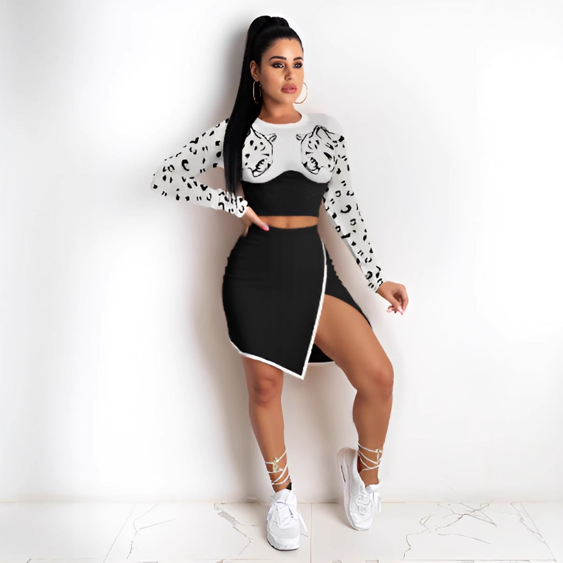 Women Casual Crop Printed Long Sleeve Top and Skirt Two Piece Set