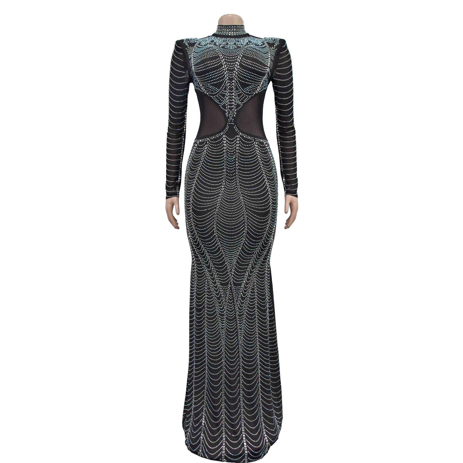 Fashion Women's Solid Color Mesh Beaded Long Dress 15