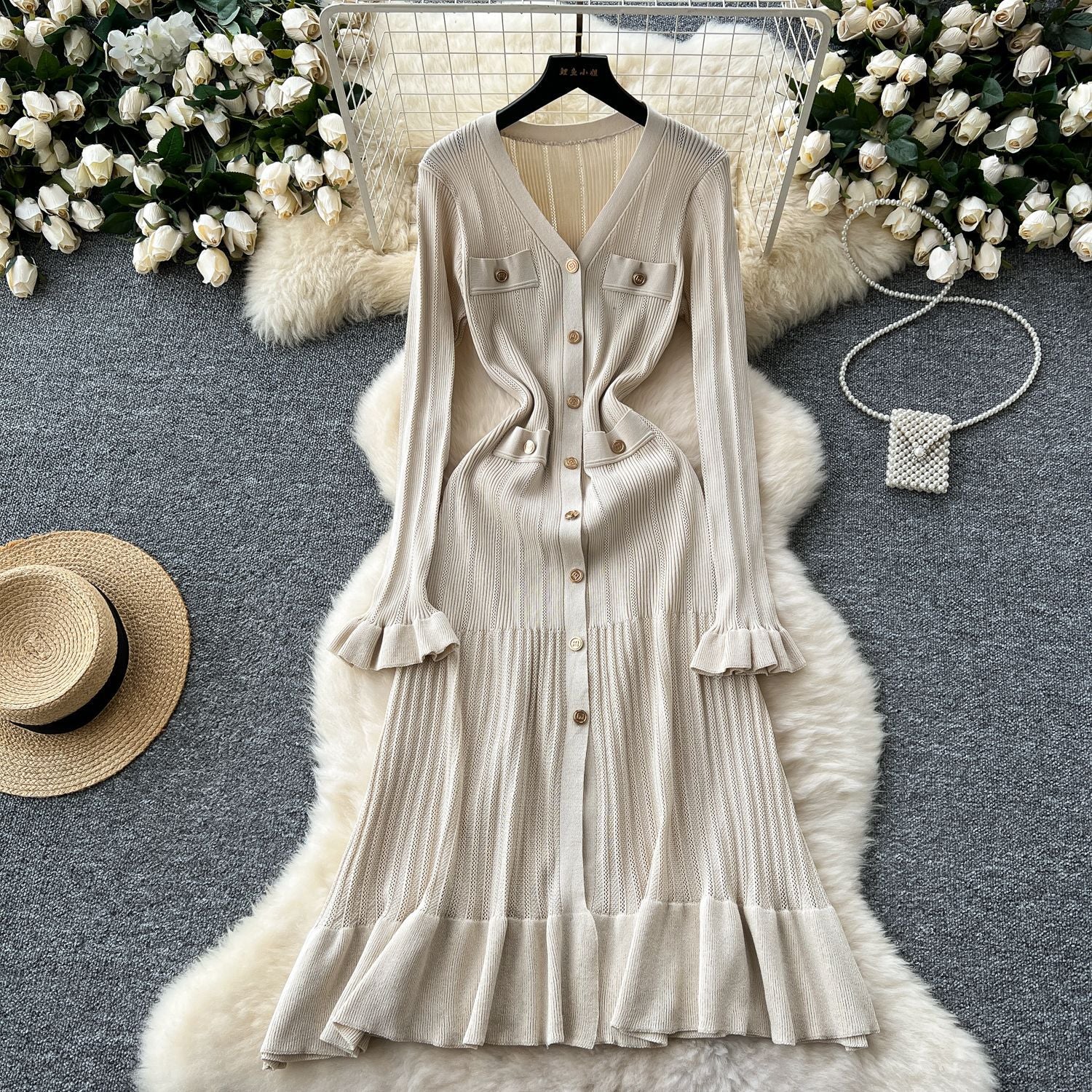 Women V-neck Metal Button Ruffle Dress 5