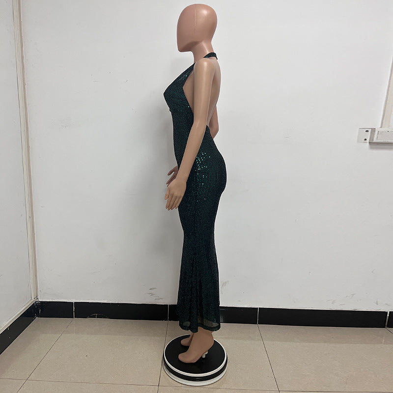 Women Sleeveless Halter Neck Sequined Mermaid Dress 38
