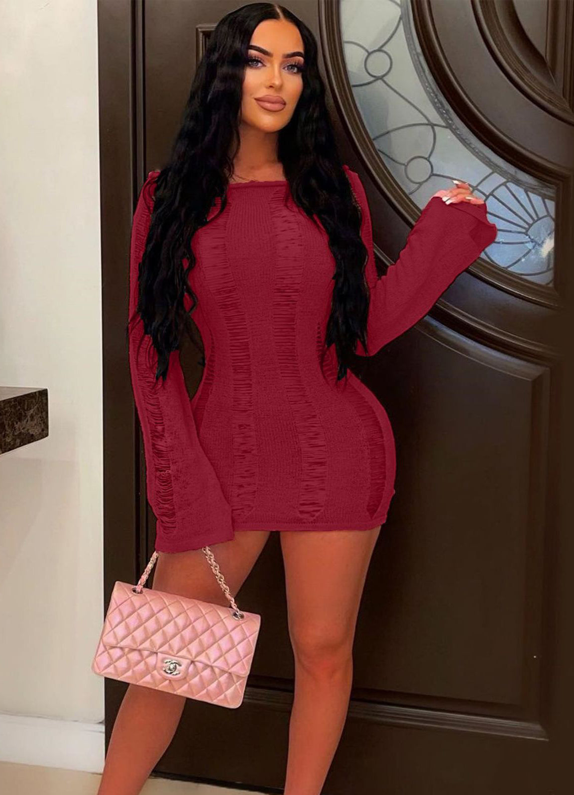 Women's Sexy Hollow Thin Long Sleeve Top Round Neck Hollow Back Dress 4