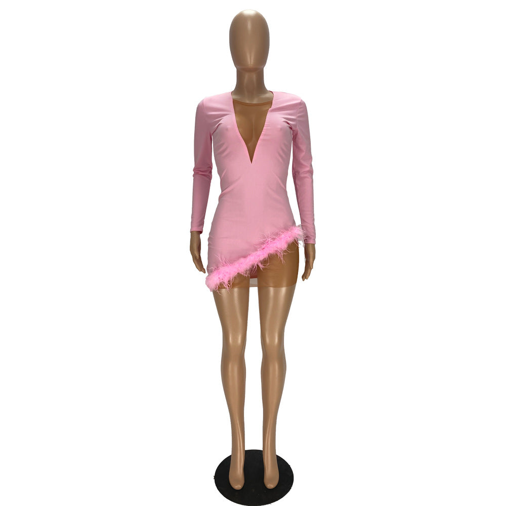 Women Sexy Feather Mesh Patchwork Dress 19