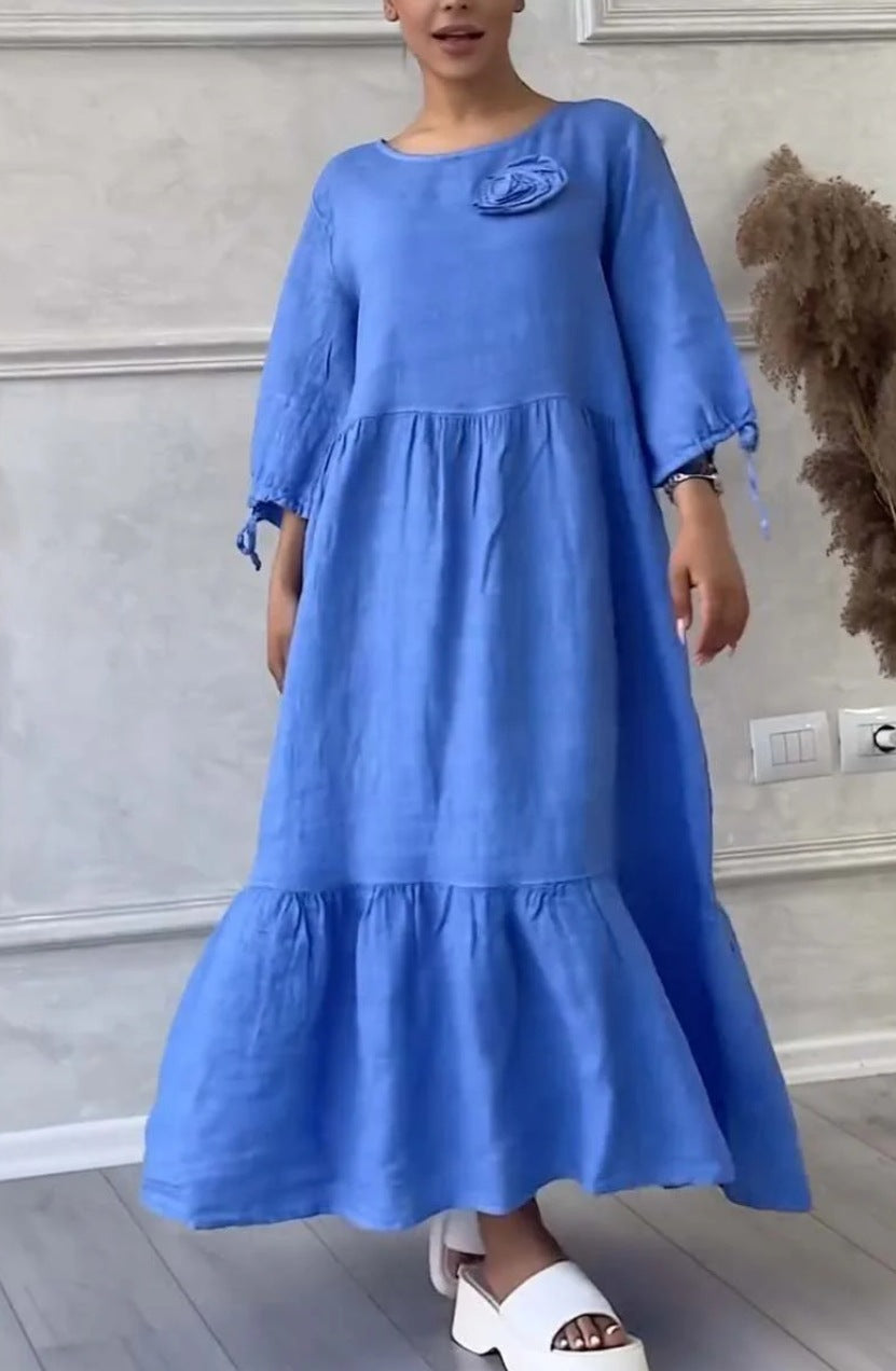 Women's Round Neck Pleated Long Sleeve Drawstring Back Tie Solid Color Casual Loose Dress