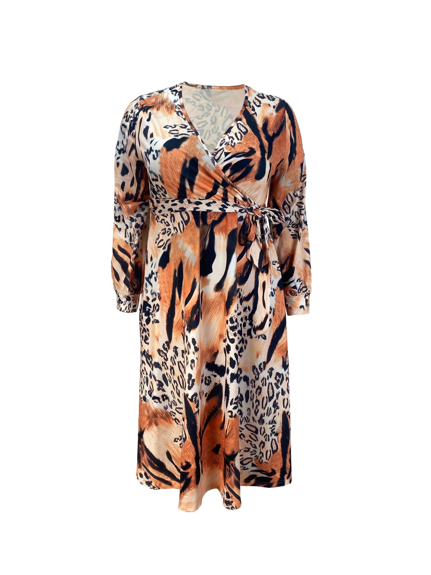 Women's Fashion Plus Size Trendy Long Sleeve Wrap V Neck Slim Waist Printed Dress 5