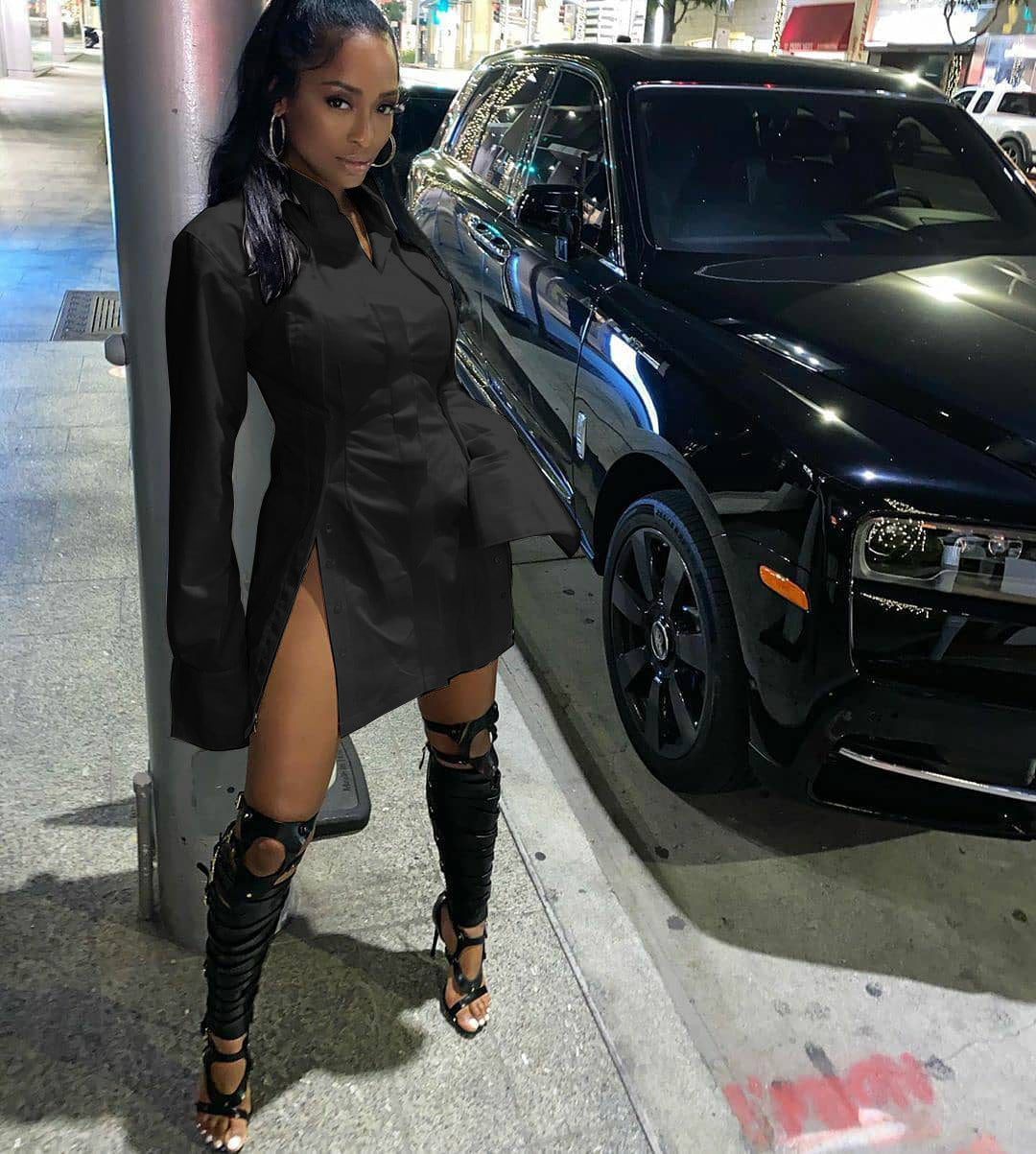 Women's Solid Color Single-Breasted Slit Long Sleeves Shirt Dress 9