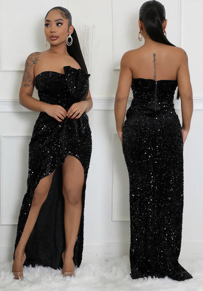 Women sequined sexy strapless irregular dress