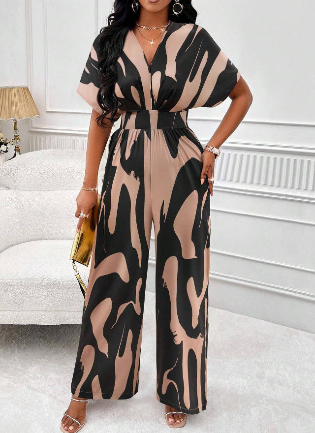 Women Print Bat Sleeves Wide Leg Jumpsuit 3