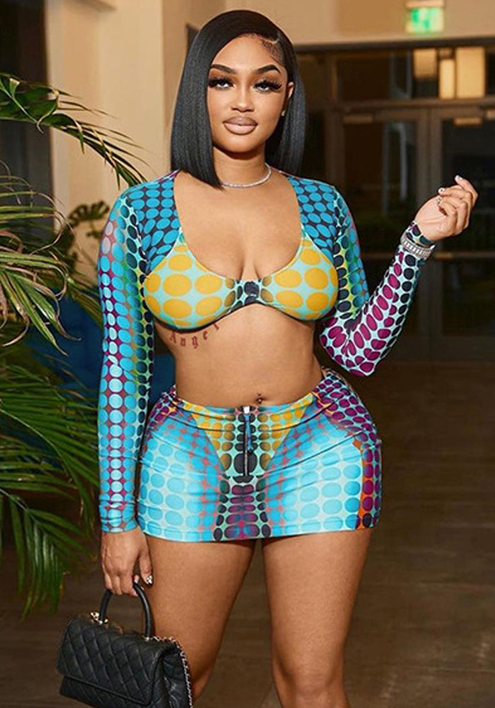 Spring Ladies Low Neck Digital Printing Long Sleeves Slim Fit Casual Skirt Set