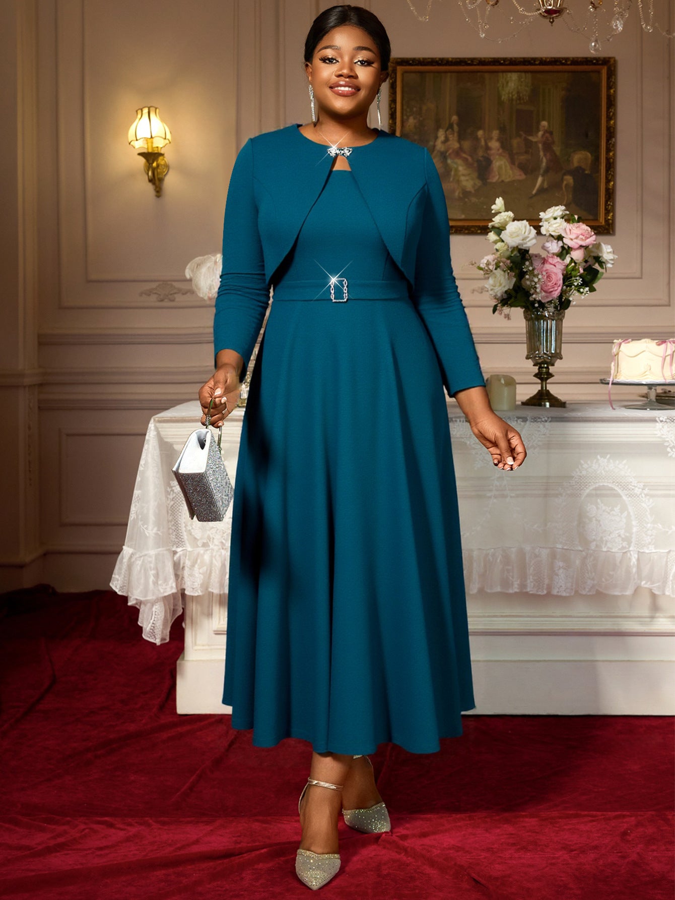 Plus-Size Women Two-Piece Diamond-Embroidered Cape Set Elegant Formal Party Dress for Mother's Birthday