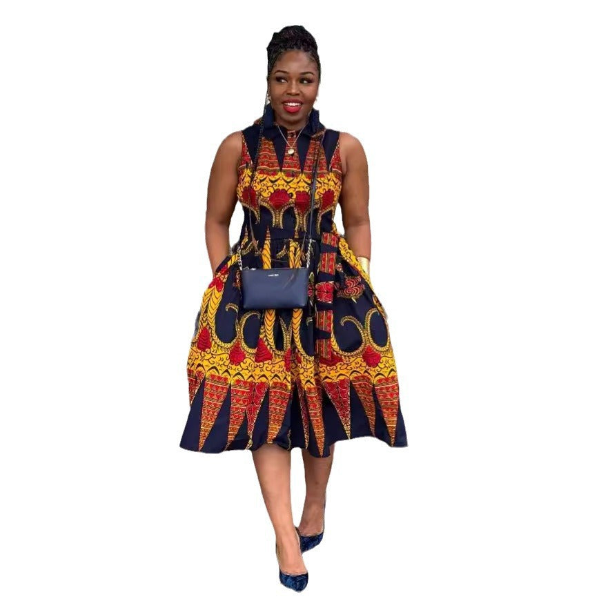 Sexy Printed Turndown Collar Sleeveless Slim Waist African Dress 10