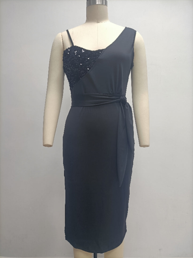 Women'S Solid Color Sexy Sequin Patchwork Slit Belt One Shoulder Evening Dress Nightclub Dress 19