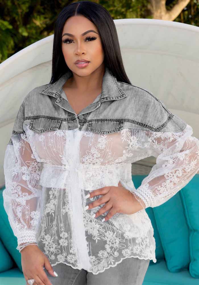 Sexy Ladies Denim Patchwork Embroidered Mesh See-Through Slim Waist Shirt