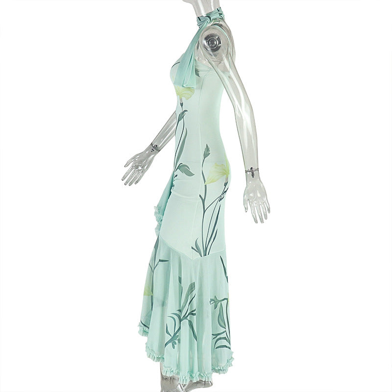 Women printed elegant ruffled Bodycon suspender sleeveless dress 7