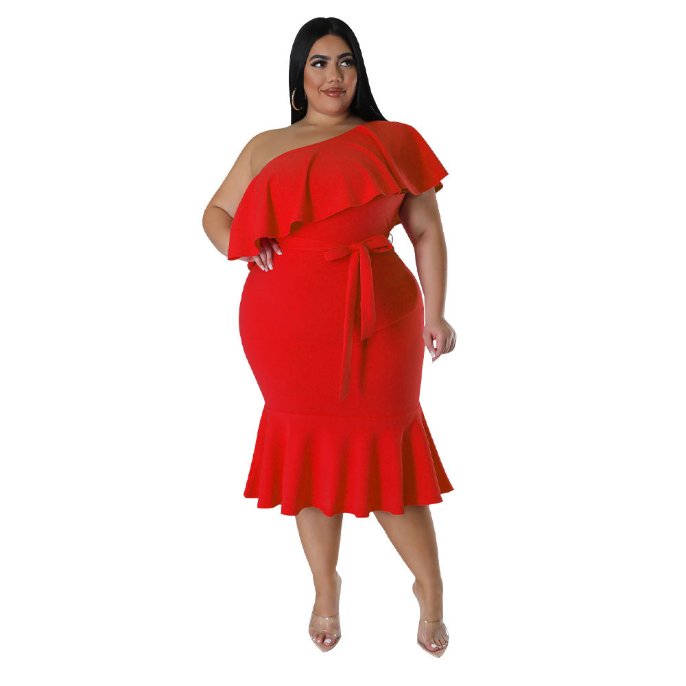 Plus Size Women'S Fashion Fit Casual Ruffle One Shoulder Midi Dress 8