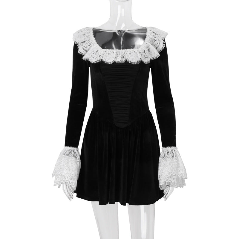 Autumn Fashion Sexy Chic Lace Velvet Long Sleeve A-Line Dress 9