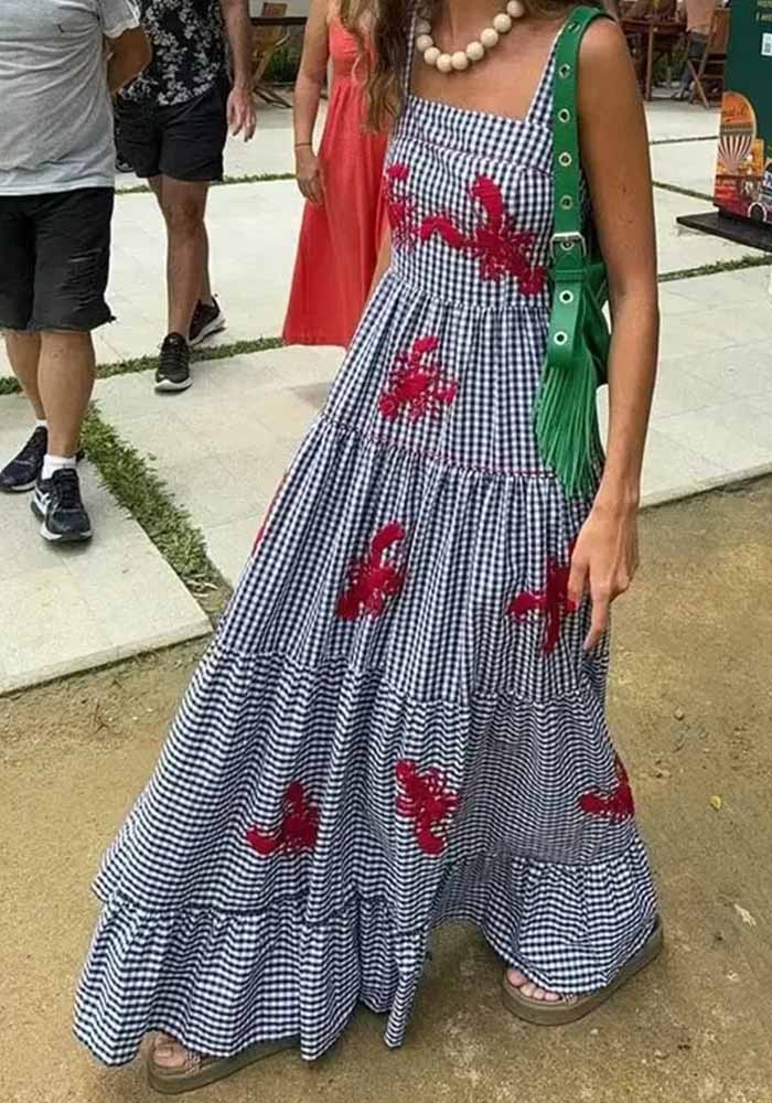 Women Clothing Embroidered Suspender Maxi Dress