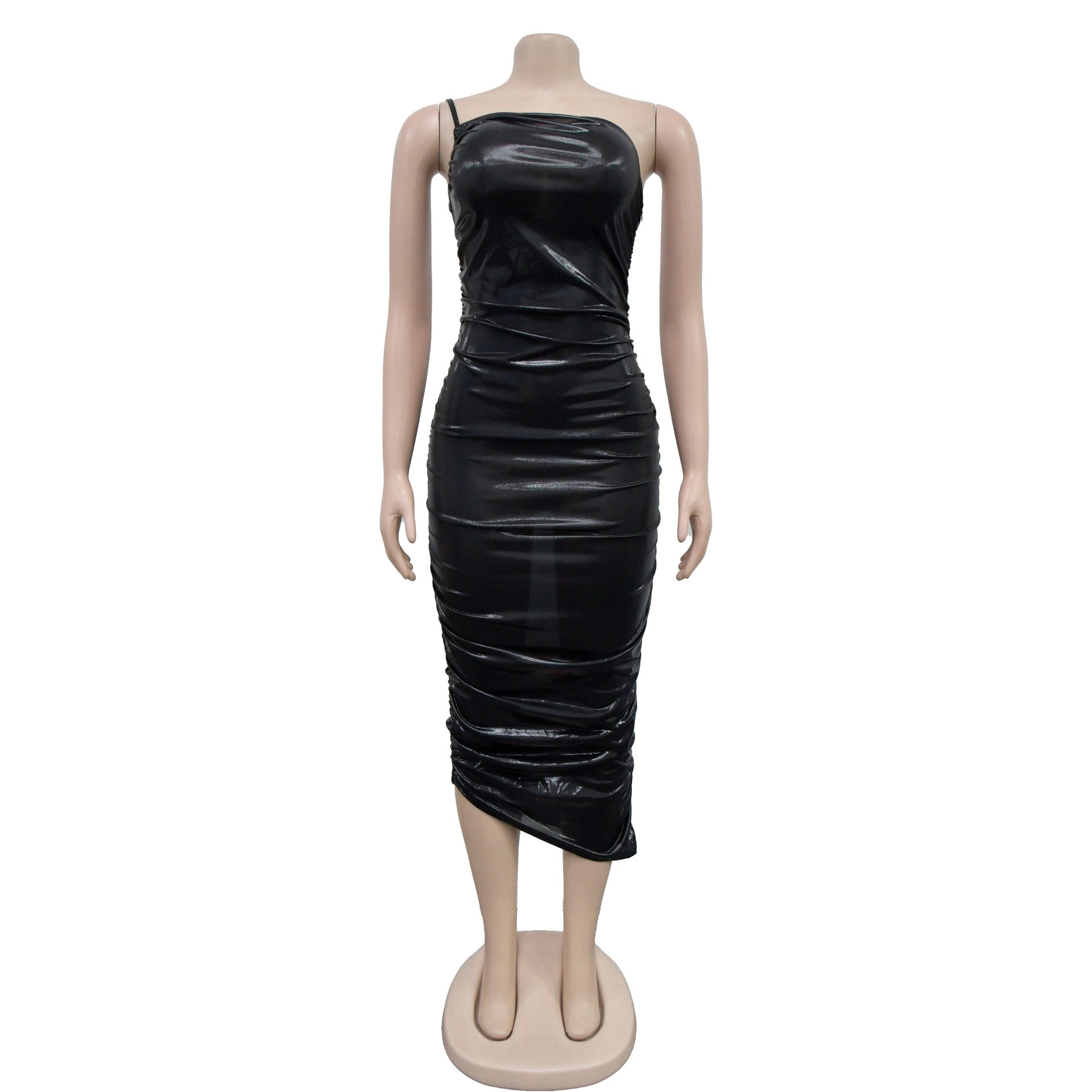 Fashion Women's Solid Color Sexy Slash Shoulder Pleated Dress 13