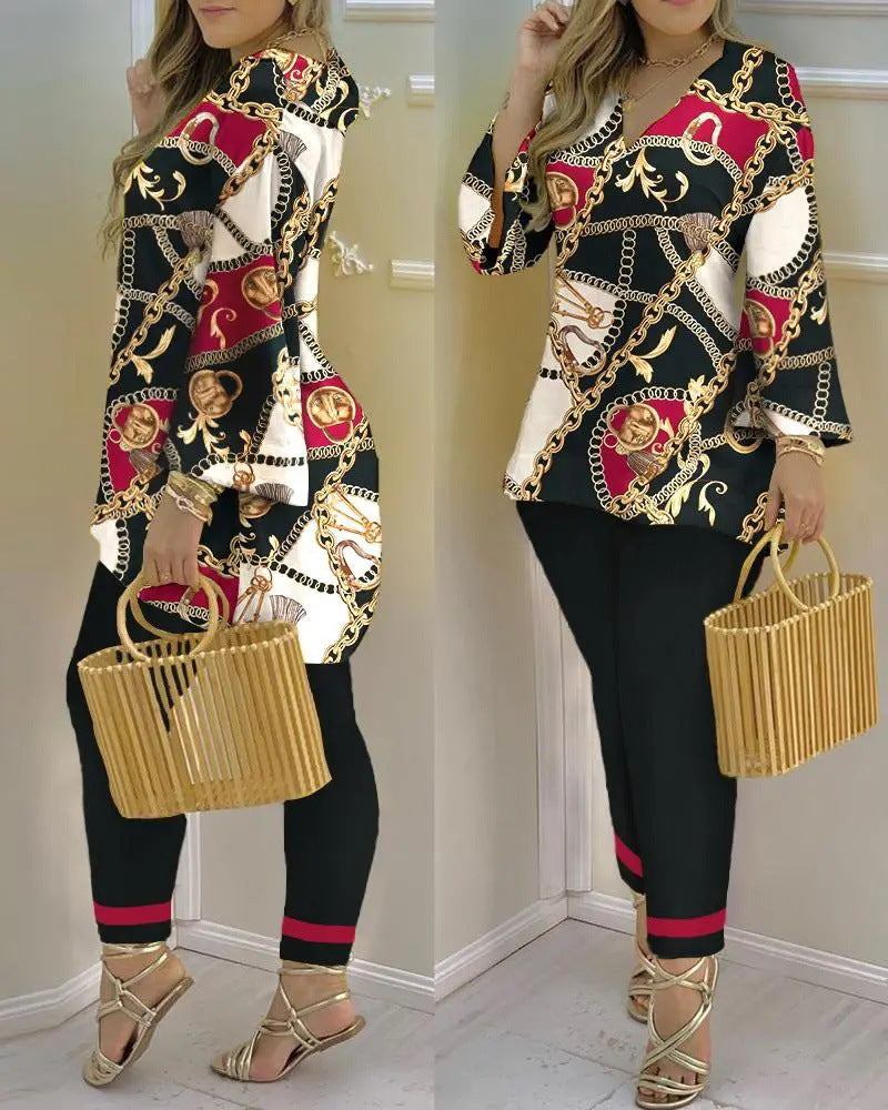 Spring Summer Print Fashion V-Neck Long Sleeve 2-Piece Pants Set