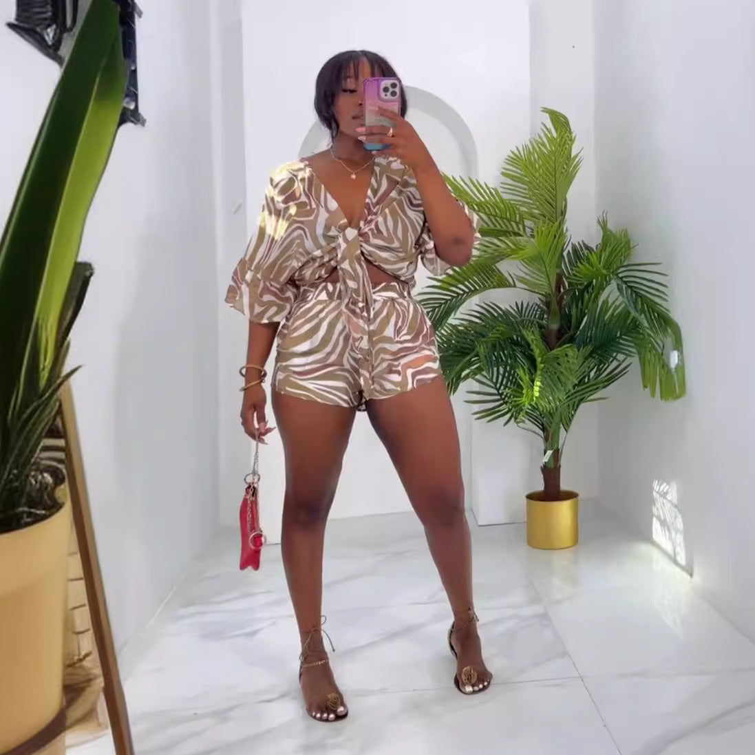 Printed Lace-Up Bat Sleeves Loose Two-Piece Shorts Set 6