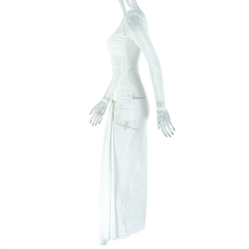 Women's Chic Slim Waist Transparent Pleated Lace-Up Round Neck Solid Color Long Dress 9