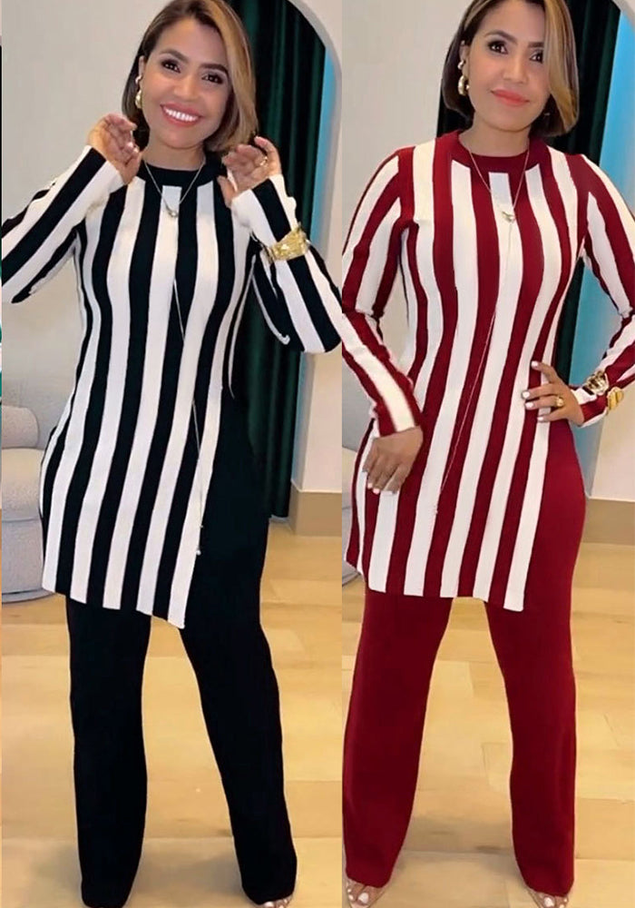 Women stripe printed long-sleeved top and pants two-piece set