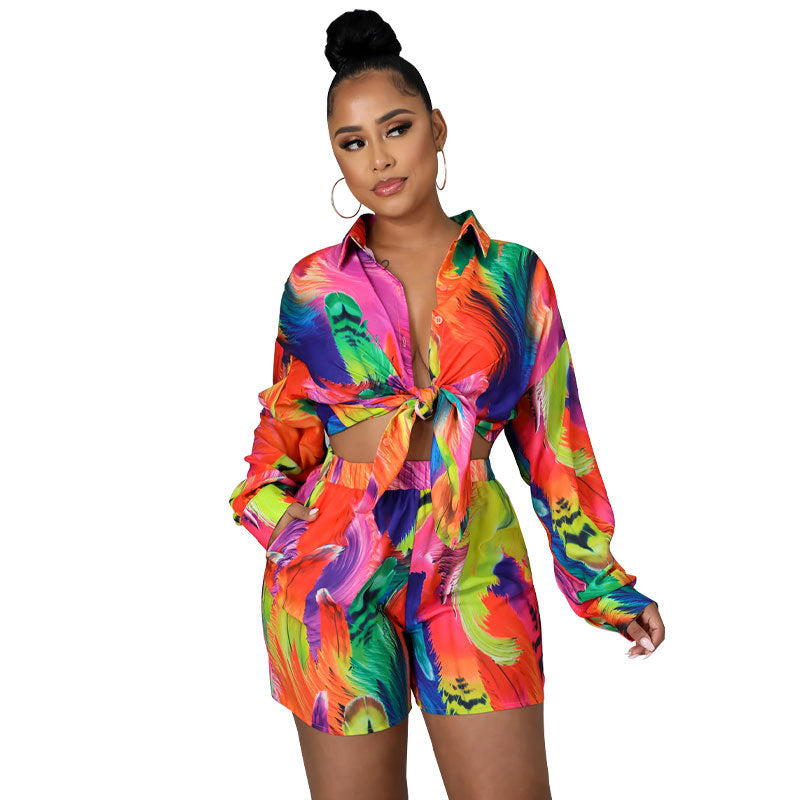 Women Chic Print Long Sleeve Shirt + Shorts Two Piece Set 7