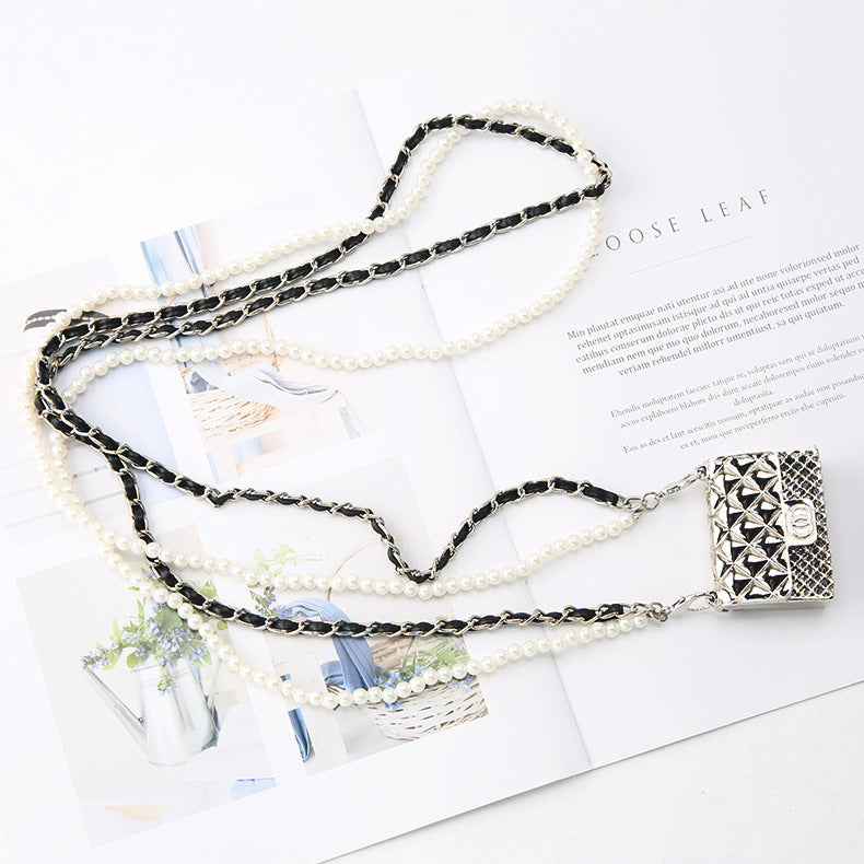 Women Hollow Diamond Earphone Bag Pearl Chain Waist Bag 10