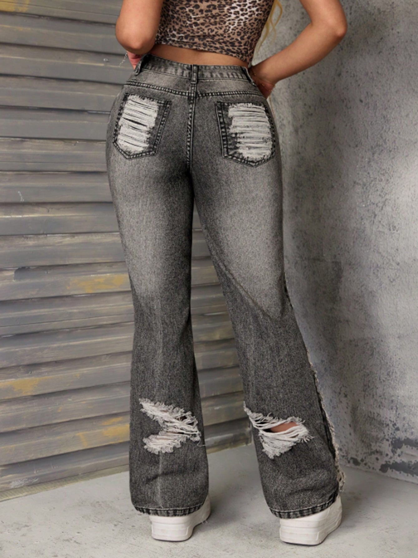 High-Waist Straight Loose Women's Ripped Denim Pants