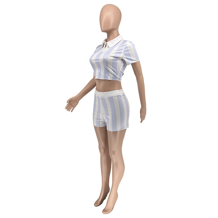 Women Summer Stripe Print Lace-Up Sexy Backless Two-Piece Set 19