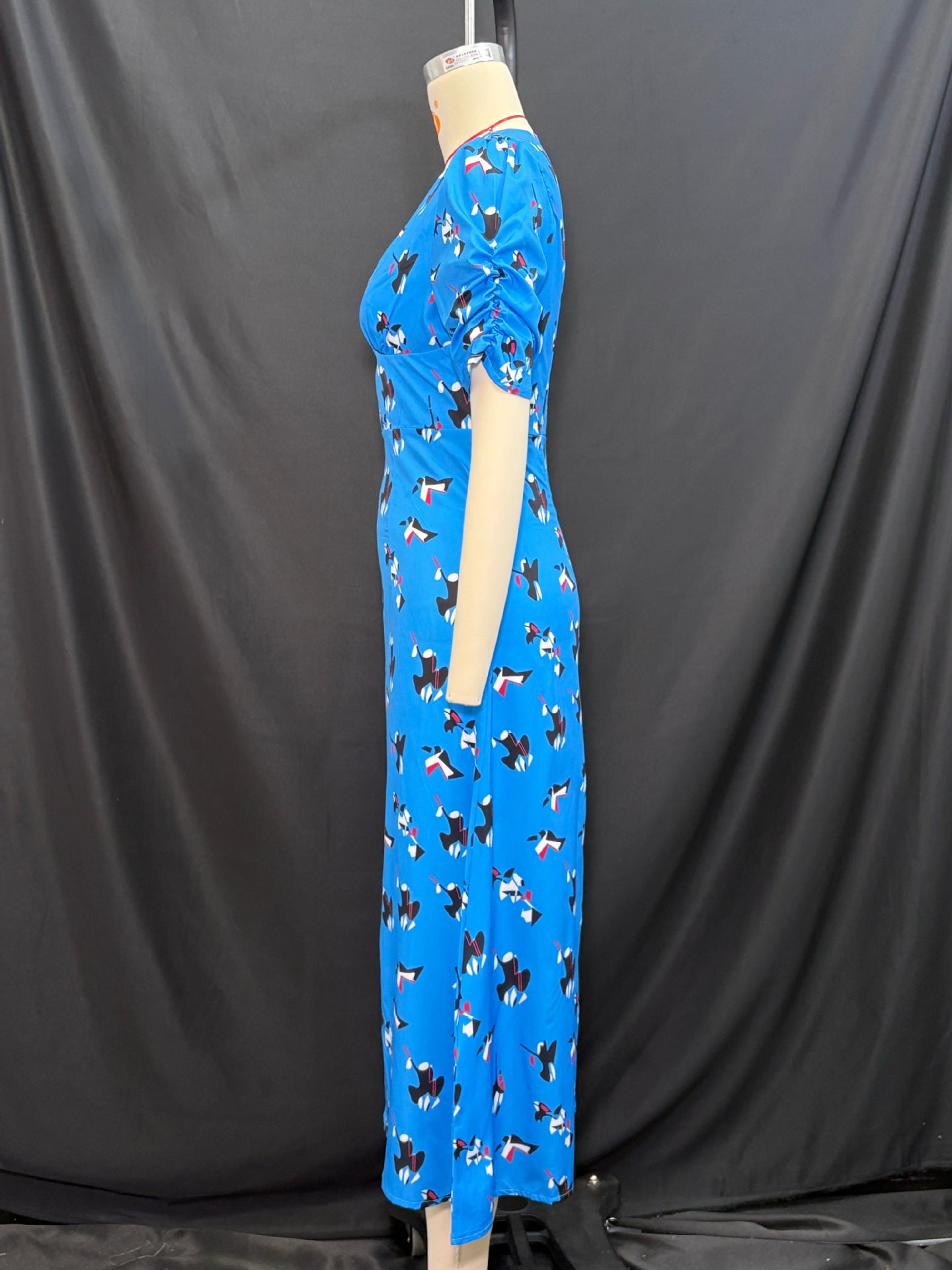 Women Summer Blue Printed V-Neck Puff Sleeve Dress 7