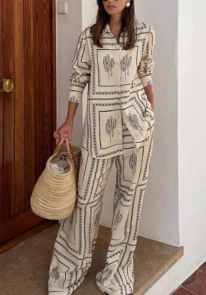 Printed Long-Sleeved Shirt And Trousers Two-Piece Set Home Wear