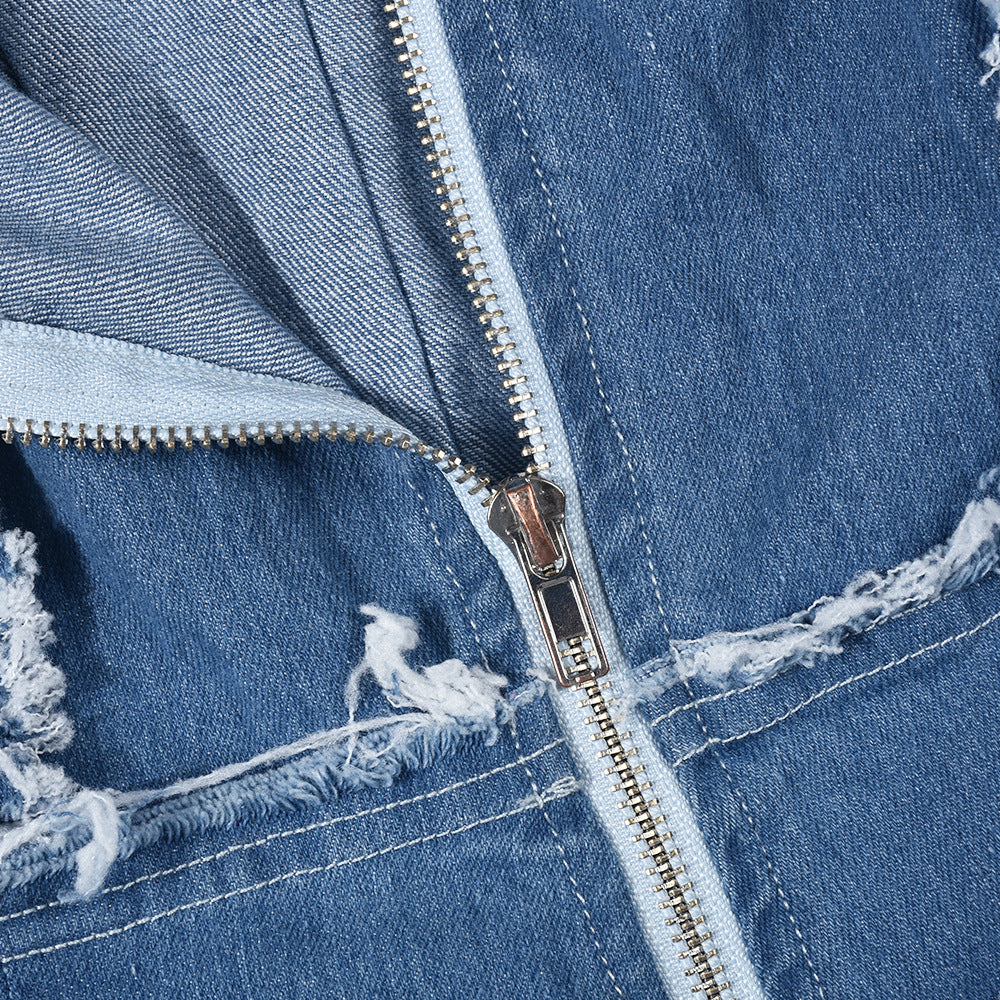 Women Sexy Cutout Tassel Zipper Suspenders Denim Jumpsuit 9