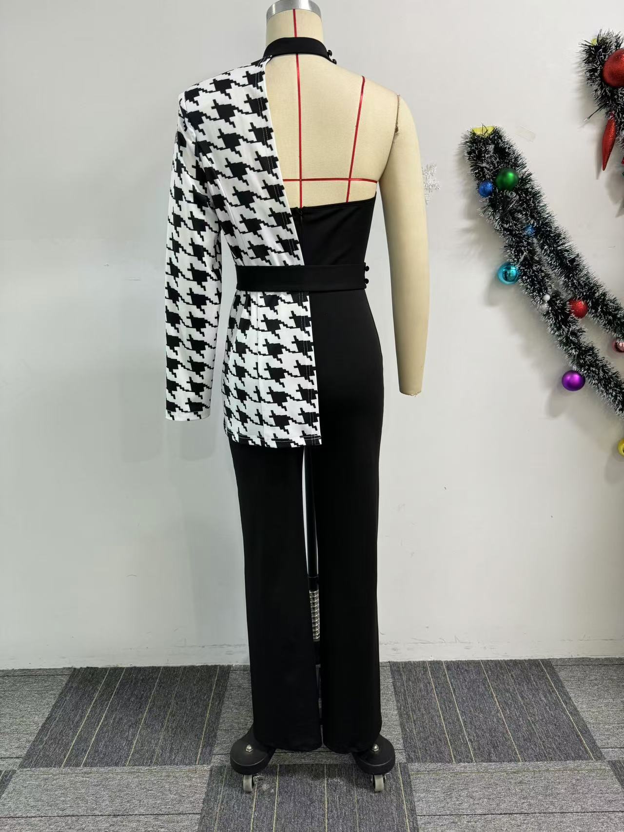 Sexy Printed One-Shoulder Sleeve Elastic Slim Waist Wide-Leg Jumpsuit Two-Piece Suit 6