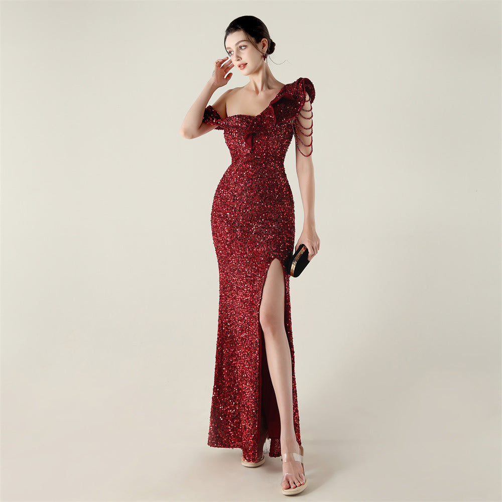 Women one-shoulder pleated ruffled beaded chain sequined Formal Party evening dress 13