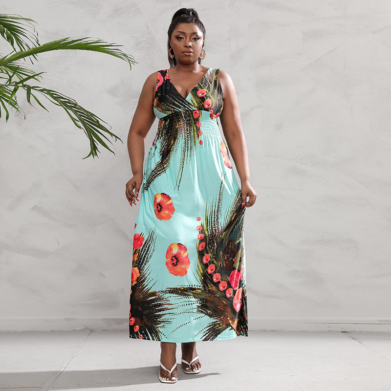 Plus Size Dress Low Back Deep V Neck Retro Paisley Plus Size Long Dress 5