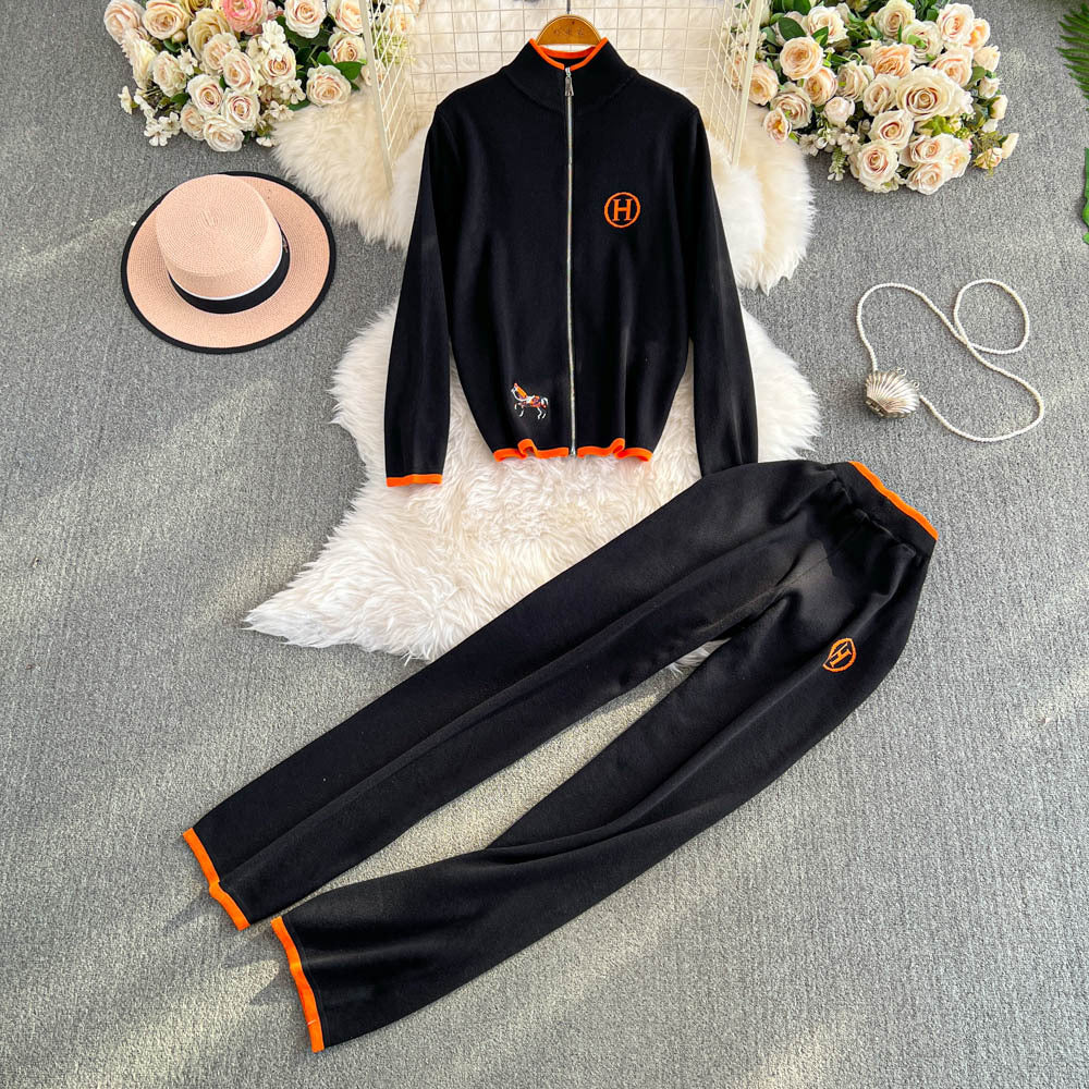 Women Autumn and Winter Zipper Embroidery Long Sleeve Knitting Top and Long Pants Two-piece Set 6