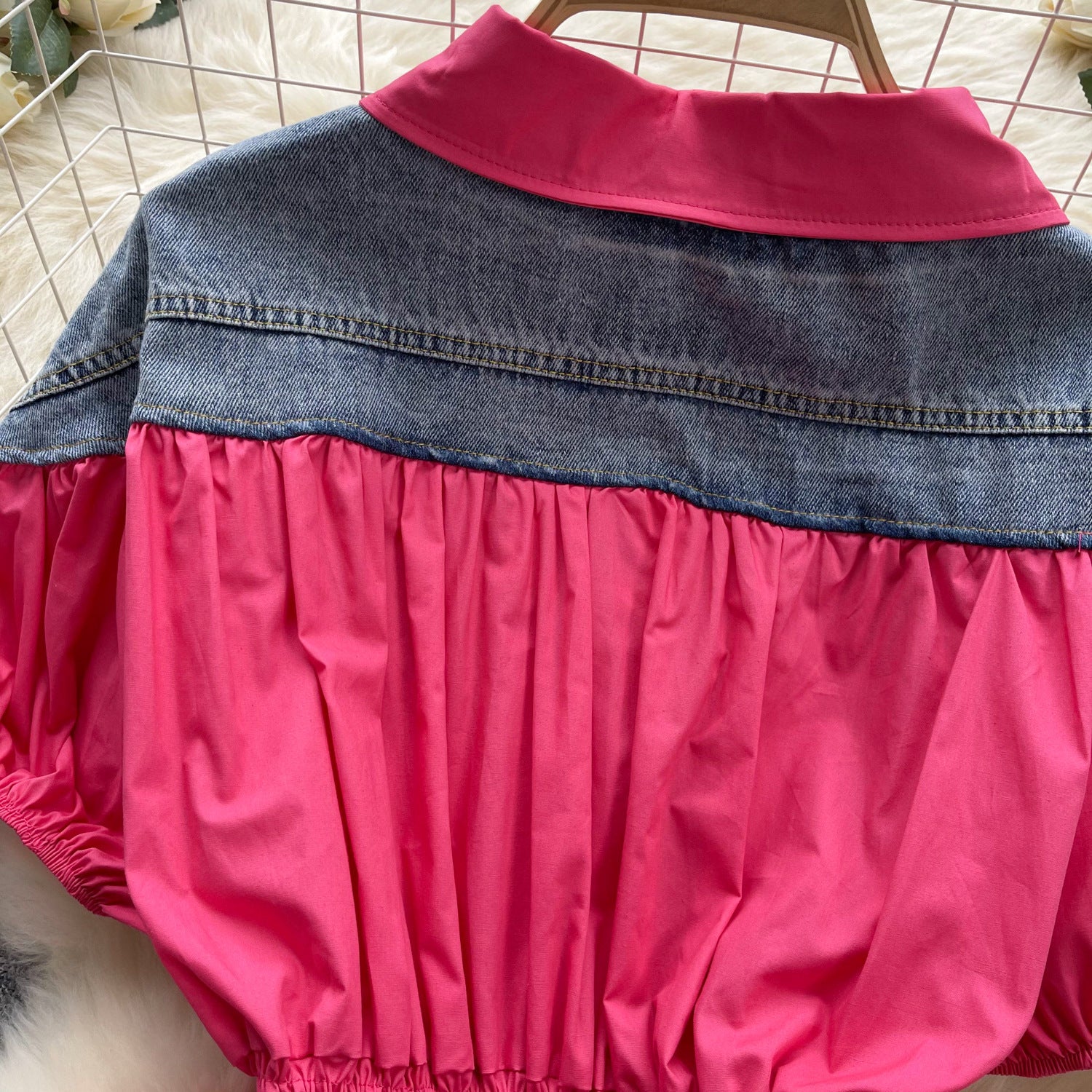 Women Contrast Patchwork Puff Sleeve Stretch Shirt 36