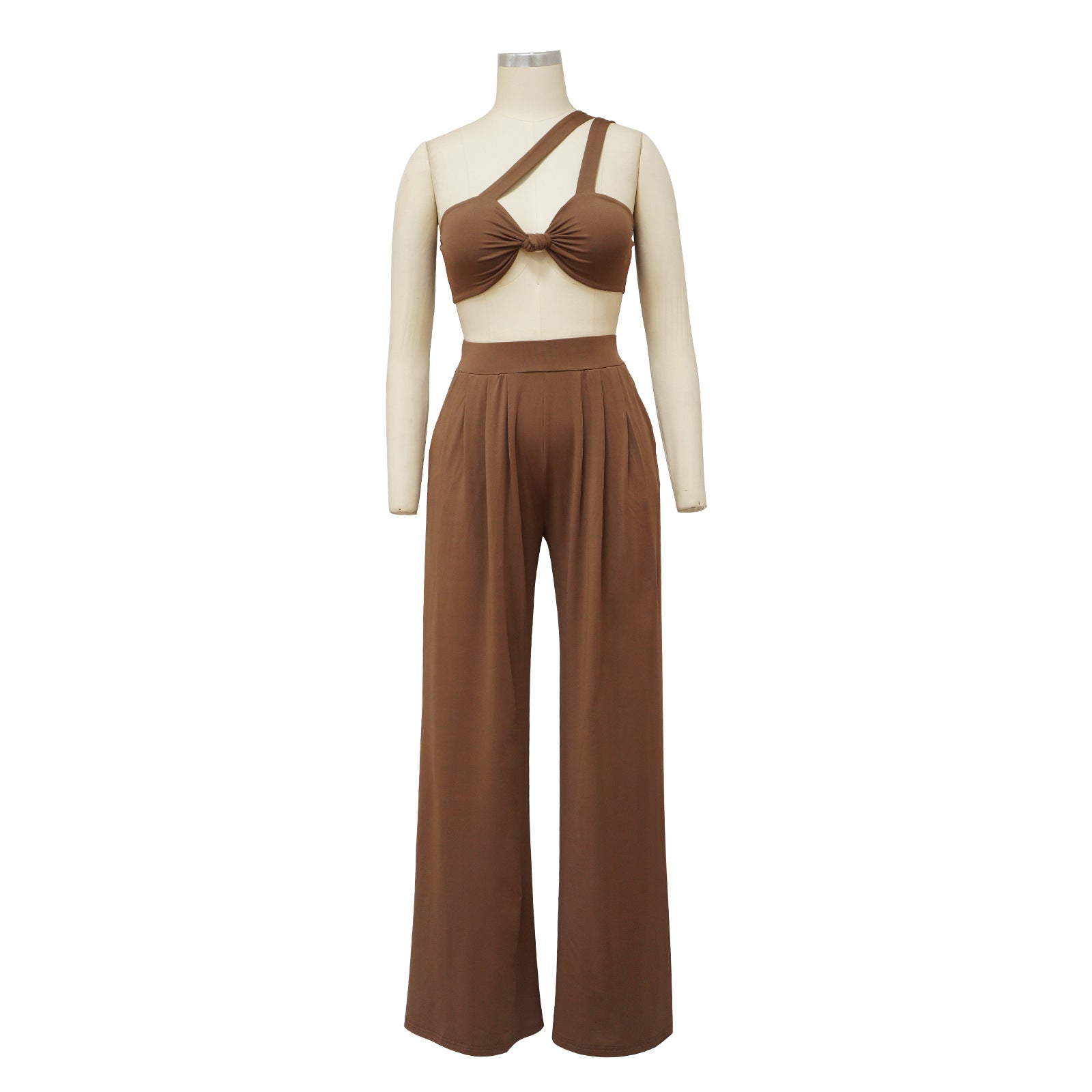 Women Summer Slash Shoulder Sleeveless Top + Solid Color Wide Leg Pants Two-Piece Set 12