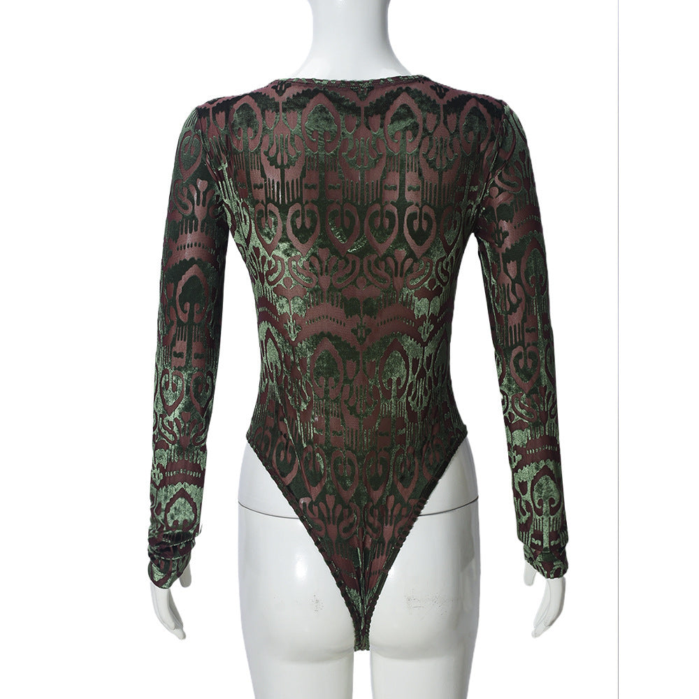 Women's Sexy Autumn Slim-Fitting Flocked Round Neck Long Sleeve Stretch Bodysuit 9