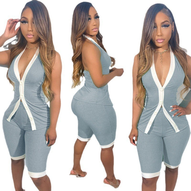 Women sexy contrast v-neck Halter Neck Top and Shorts two-piece set 11