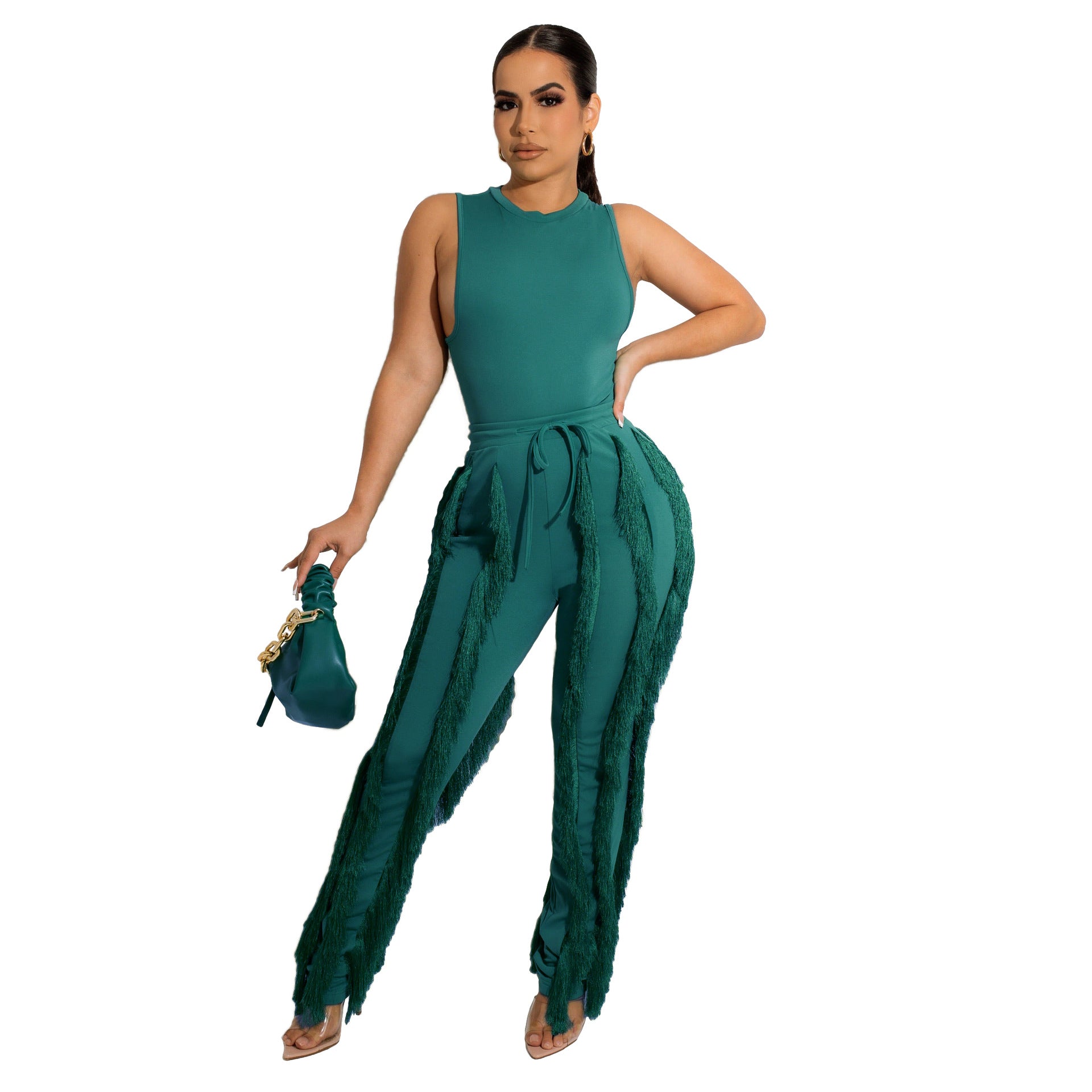 Women's Two Piece Tassel Pants Sleeveless Casual Two Piece Set 5