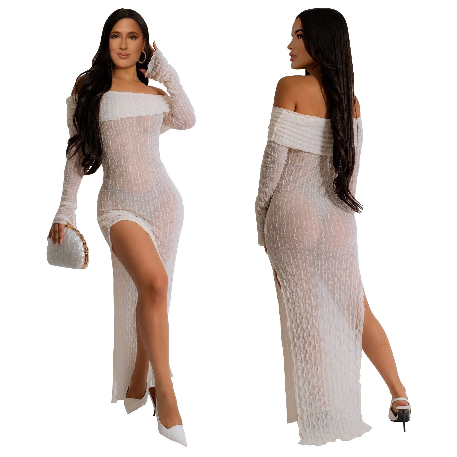 Women's Off Shoulder Long-Sleeved See-Through Slit Dress 5