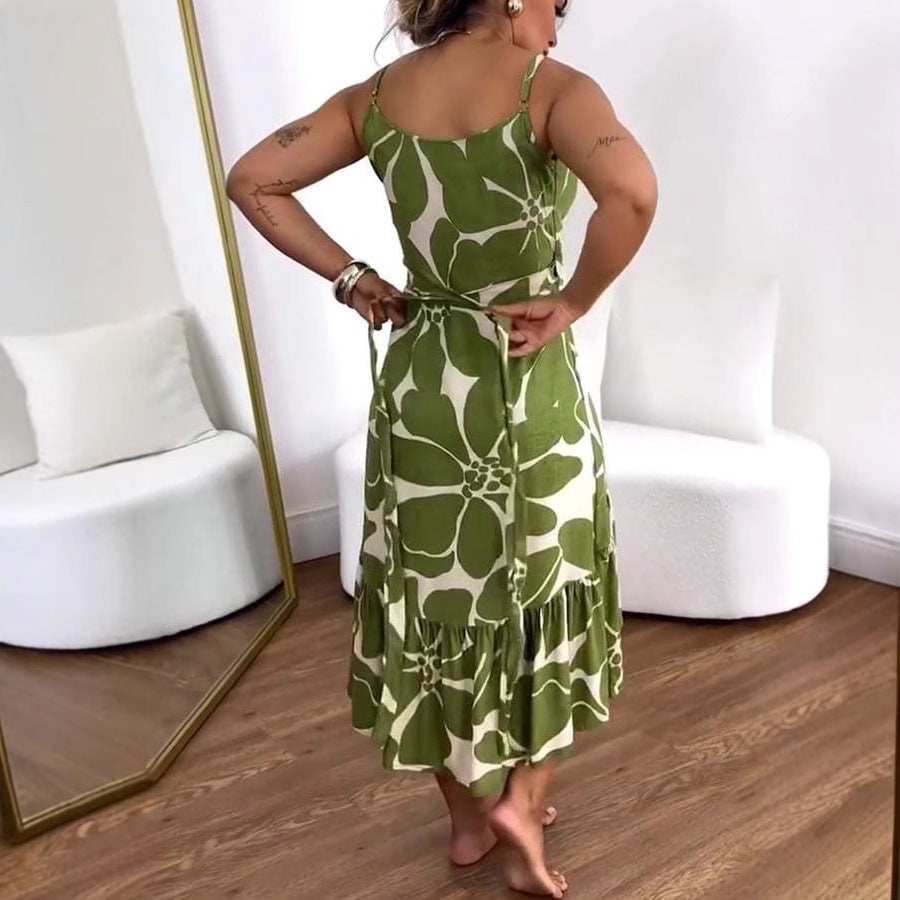 Women Summer Elegant Cross Neck Belt Floral Print Dress 4