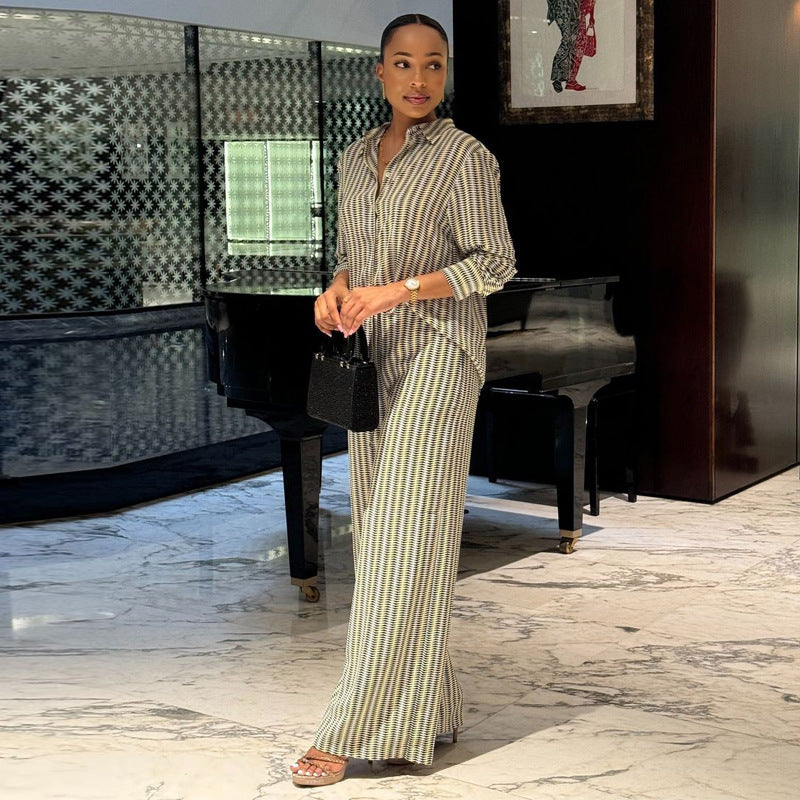 Women casual print long-sleeved shirt and wide-leg Pants two-piece suit 3