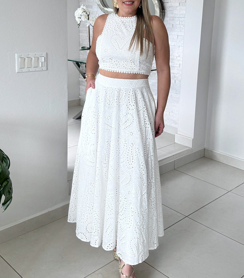 Women White Lace Sleeveless Crop Top and Skirt Two-Piece Set 3