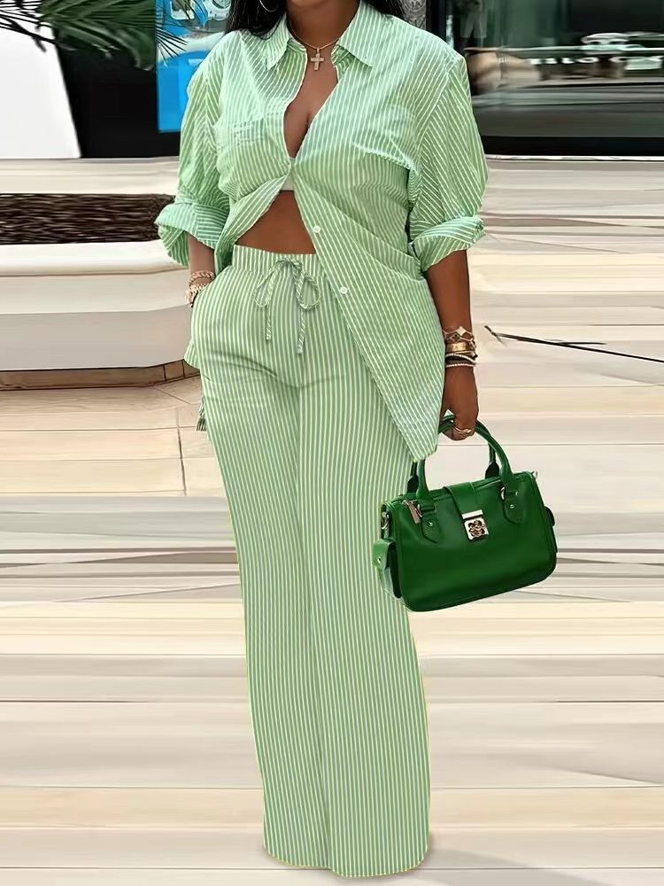 Women's Fashion Casual Print Long Sleeve Shirt Pants two piece Set