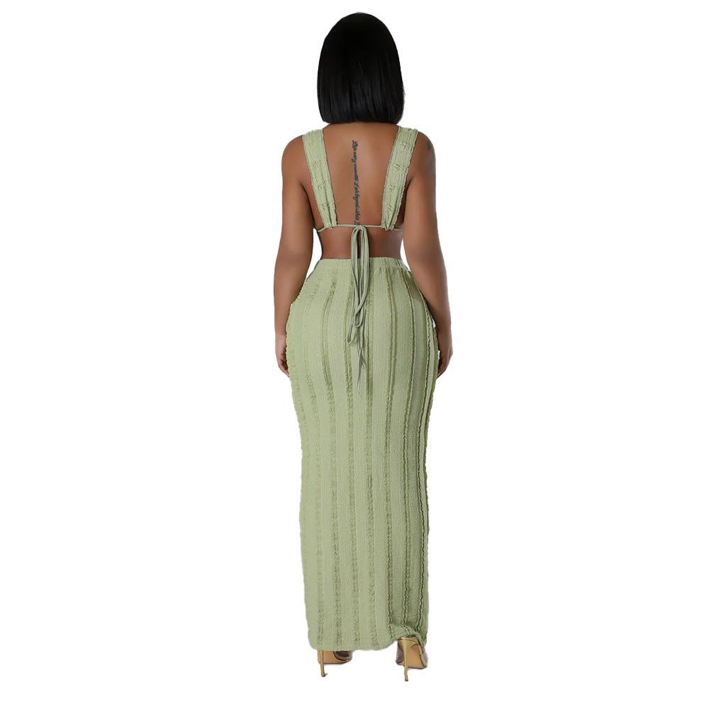 Summer Women Cow Shutter Lace Sleeveless Lace Backless Skirt Two-piece Set 5