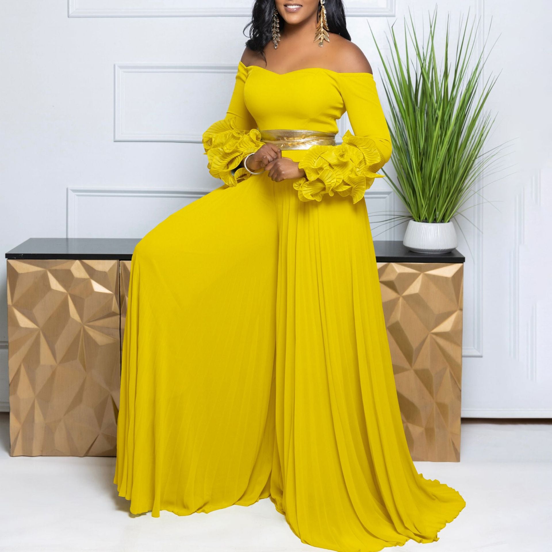 Women Off Shoulder ruffle sleeve solid pleated wide-leg jumpsuit