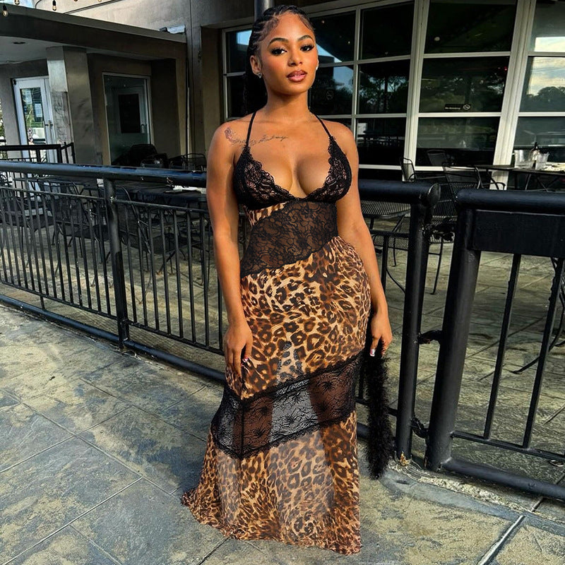 Women Leopard Print Patchwork LaceV Neck Strap Fishtail Maxi Dress 4