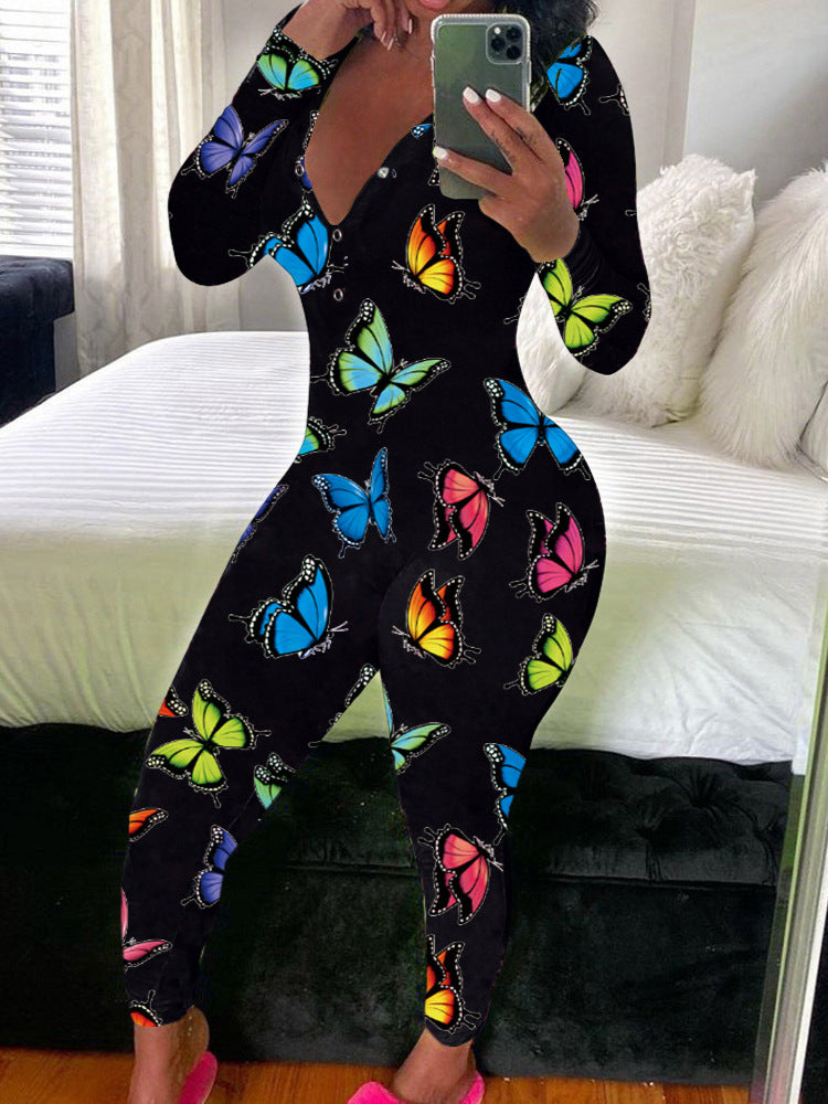 Women's Sexy Fashion Pattern Print Deep V-Neck Long Sleeve Tight Slim Jumpsuit